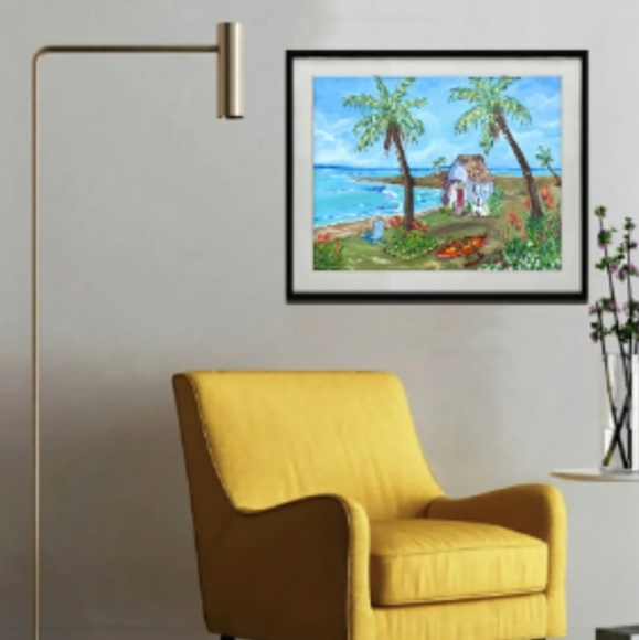 Original Art Print 8x12 Hawaiian Art "Surf Shack" Matted Ready To Frame - Picture 4 of 9